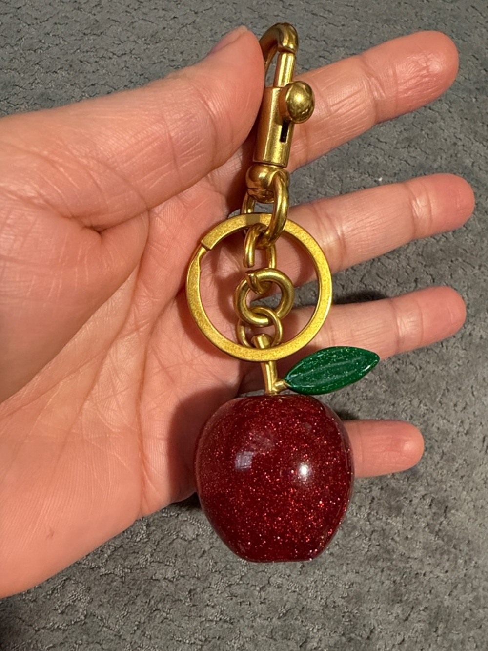 Gold-Tone Apple Keychain Charm with Red Glitter Apple